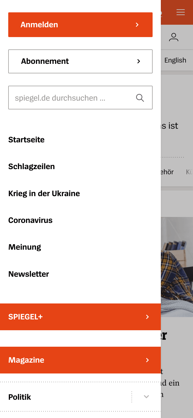 Mobile screenshot of the Der Spiegel main navigation. The navigation overlay covers the screen and contains a list of page links and a search bar.